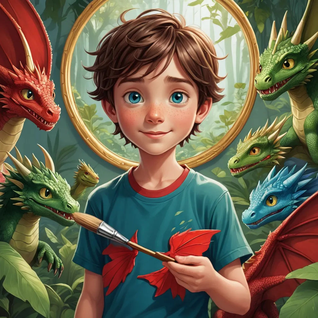 a boy holding a paintbrush in front of a painting of a dragon and a boy with a mirror, fantasy art, a storybook illustration, Aaron Jasinski, dragon art