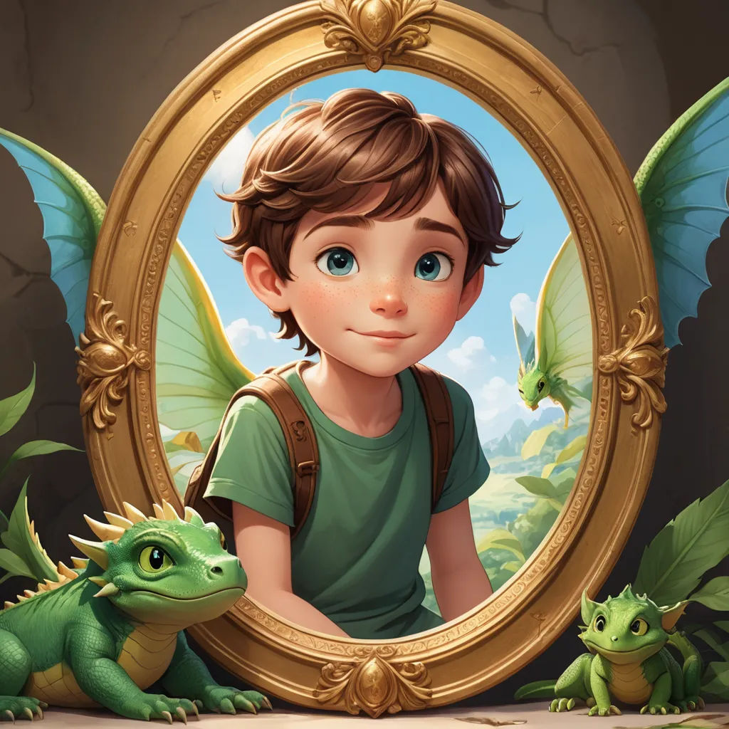 a boy with a backpack looking at a dragon in a mirror with a dragon in the background and a green dragon in the foreground, fantasy art, a storybook illustration, Clint Cearley, dragon art