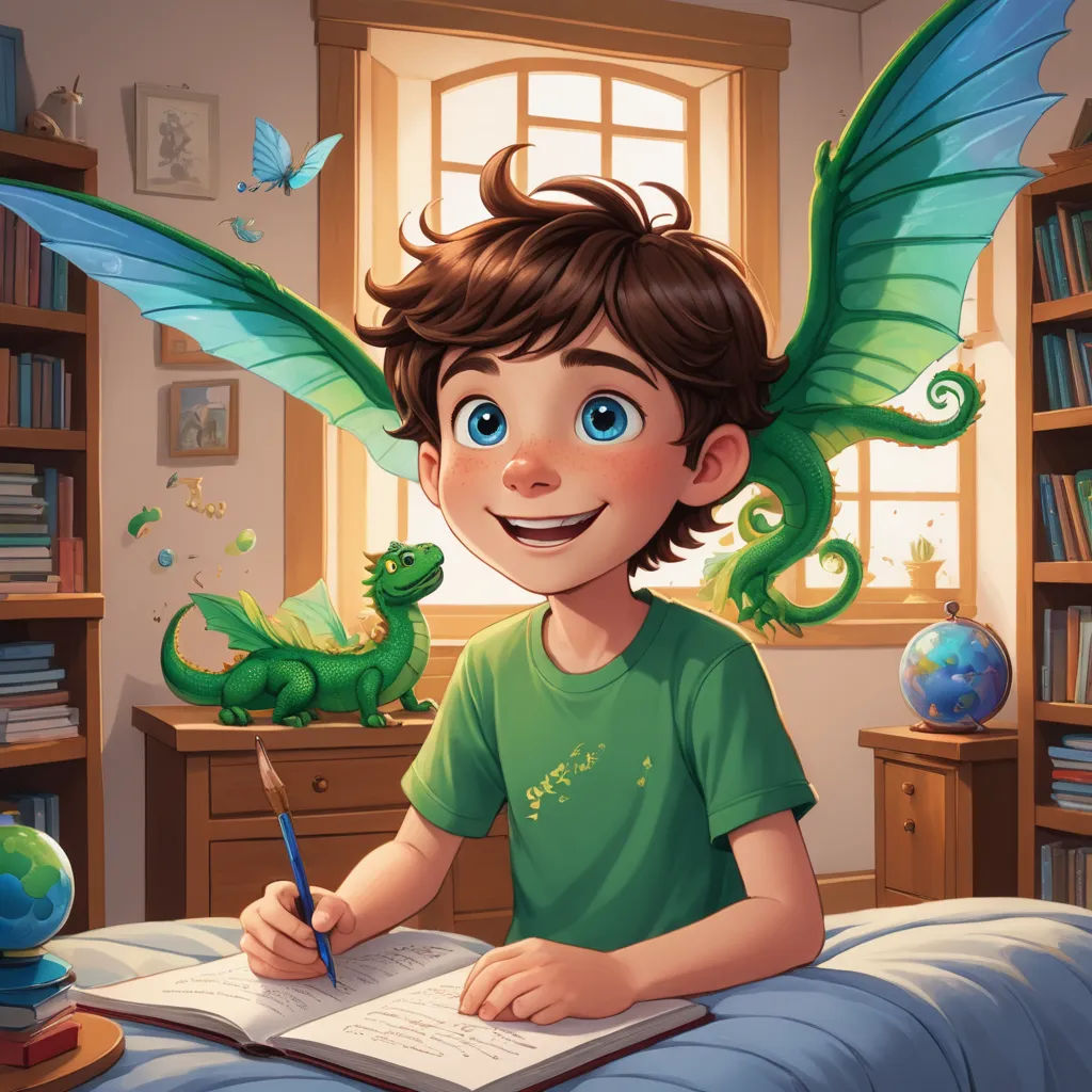 a boy is sitting in bed writing with a dragon on his head and a dragon on his arm, and a book in his hand, fantasy art, a storybook illustration, Diego Gisbert Llorens, storybook illustration