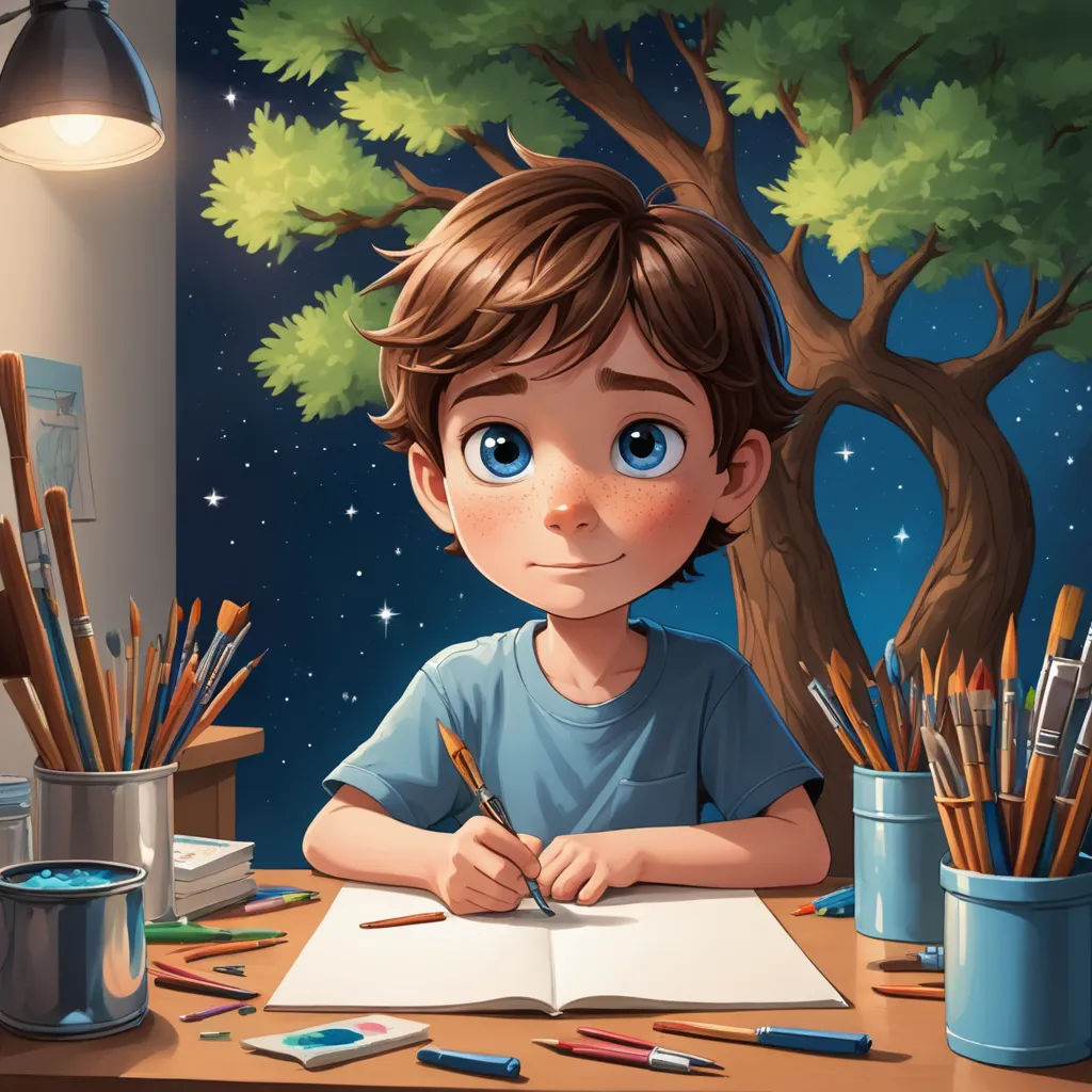 a boy is sitting at a table with a book and pencils in front of him and a tree, space art, a storybook illustration, Diego Gisbert Llorens, storybook illustration