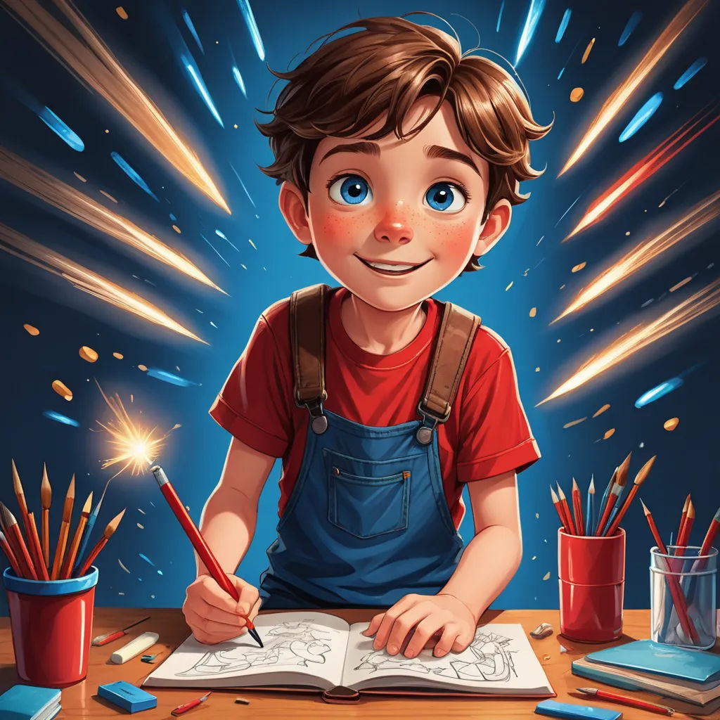a boy is sitting at a desk with a book and pencils in front of him and fireworks coming out of the sky, fantasy art, a storybook illustration, Alejandro Burdisio, rossdraws global illumination