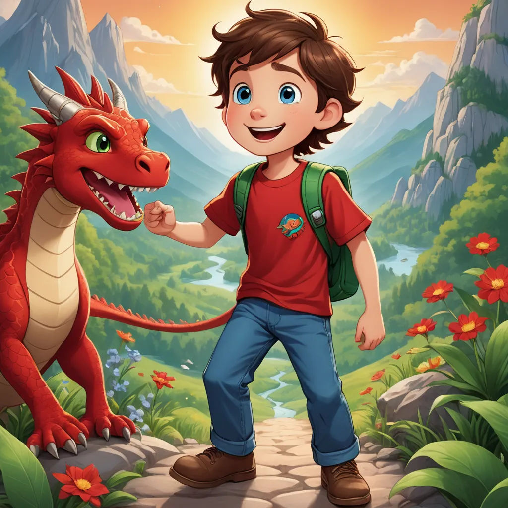 a boy is holding a dragon's hand in a cartoon scene with mountains and flowers in the background, sots art, a storybook illustration, Diego Gisbert Llorens, storybook illustration