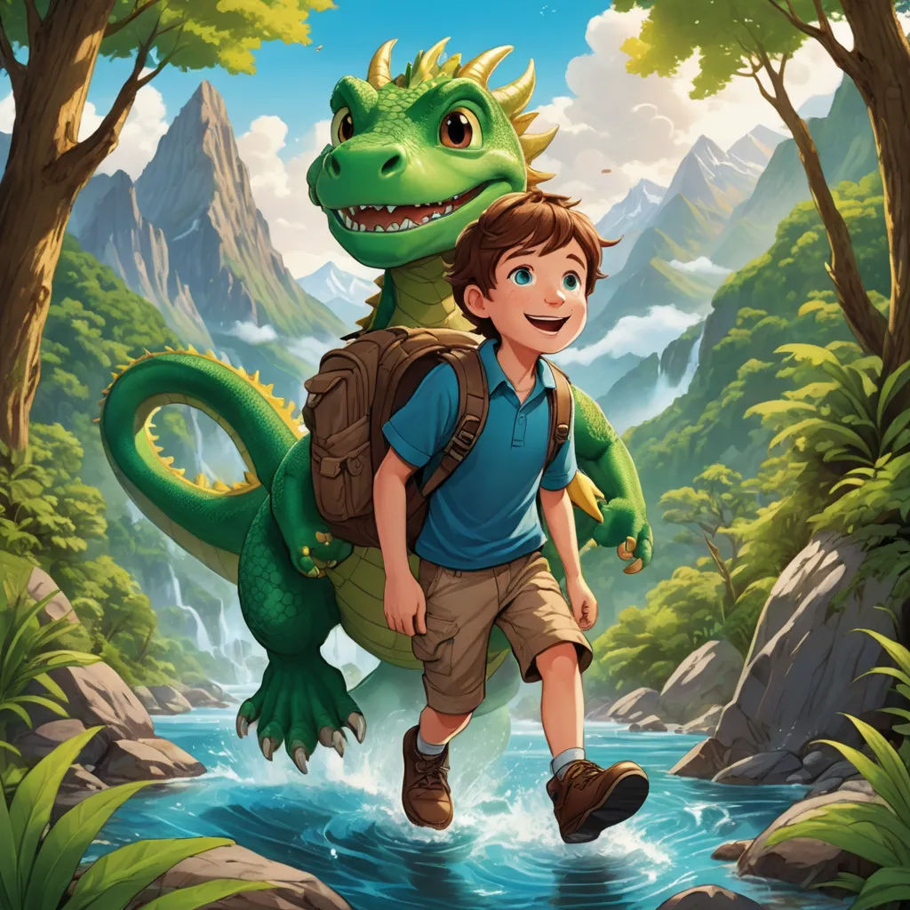 a boy is walking with a dinosaur on his back in the woods by a river and mountains in the background, sots art, a storybook illustration, Adam Rex, rossdraws global illumination
