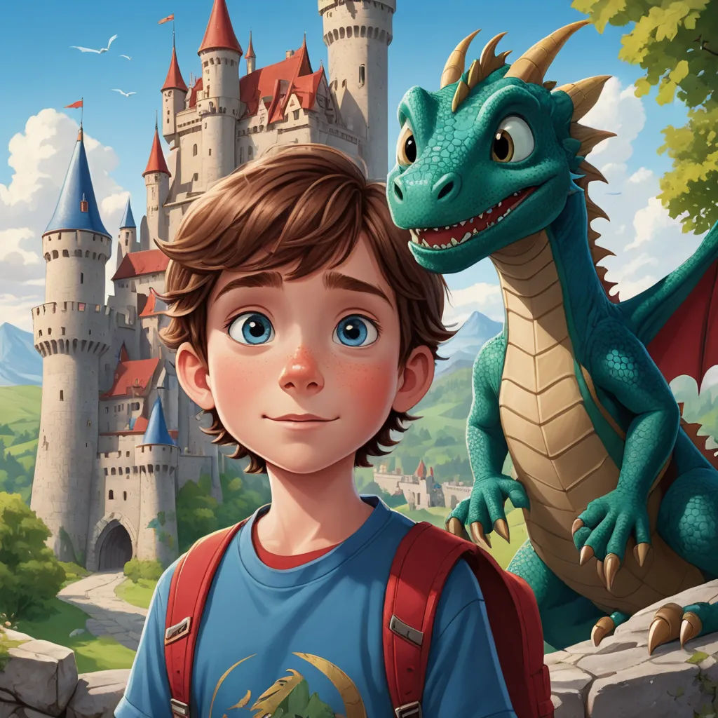 a boy and a dragon in front of a castle with a castle in the background and a boy in a backpack, sots art, a storybook illustration, Adam Rex, key art