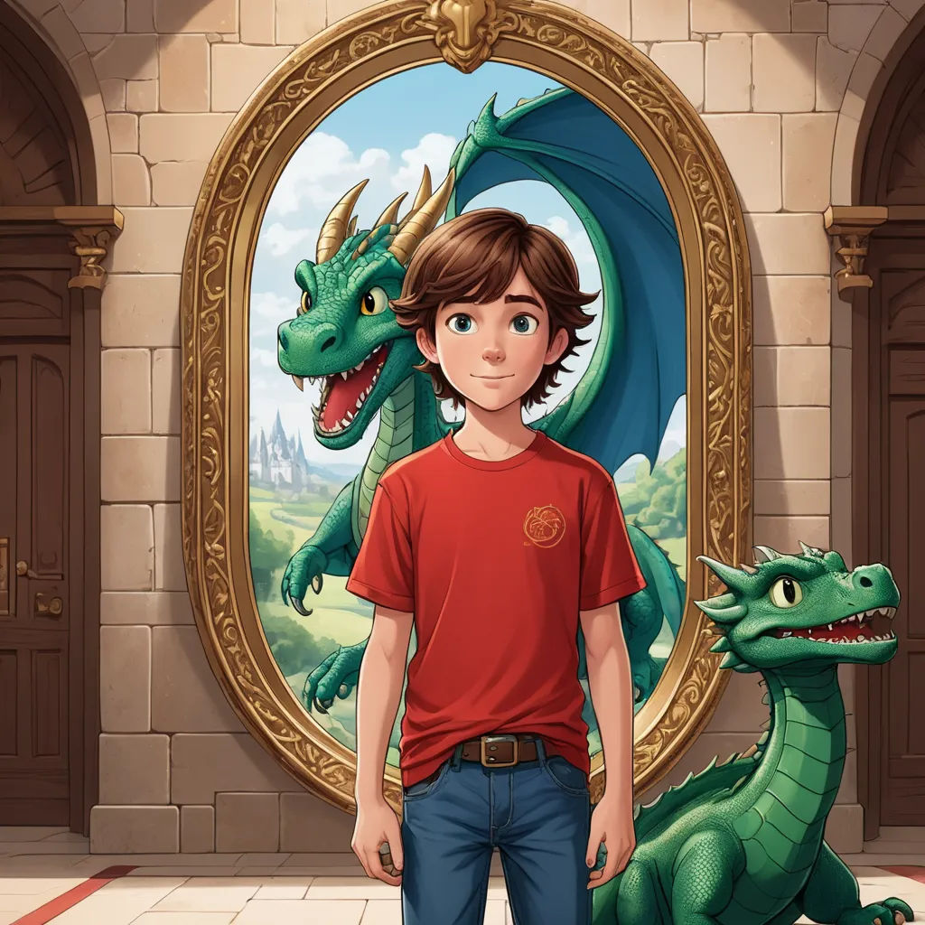 a boy standing in front of a picture of a dragon and a boy in a red shirt standing in front of a picture of a dragon, fantasy art, a storybook illustration, Diego Gisbert Llorens, storybook illustration