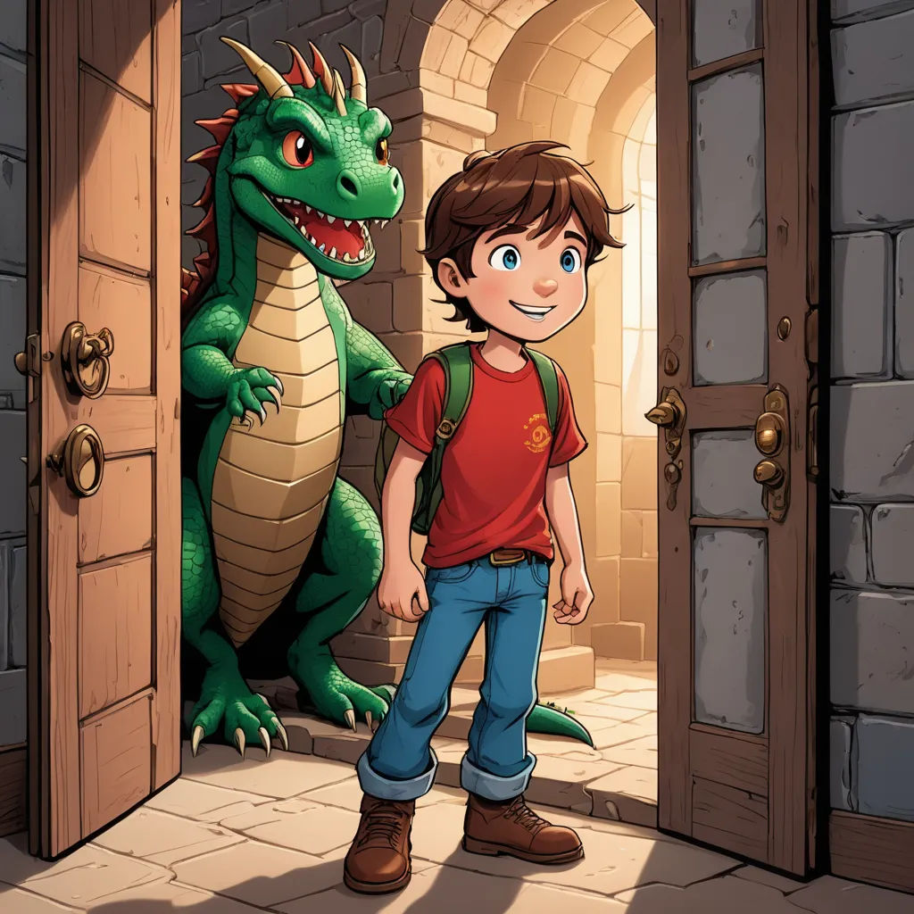a boy standing in front of a dragon in a doorway with a door open to another room with a door open, fantasy art, a storybook illustration, Diego Gisbert Llorens, storybook illustration