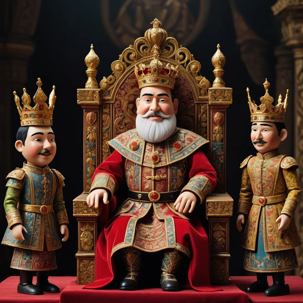 a statue of a king and two small children sitting on a throne with a red carpet and gold trim, sots art, a storybook illustration, Altoon Sultan, behance hd