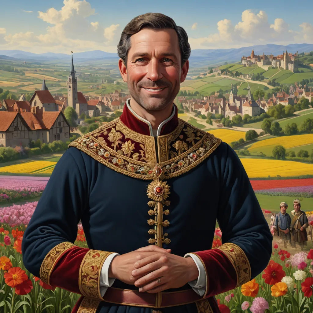 a painting of a man in a blue suit with a red and gold outfit and a field of flowers, sots art, a character portrait, Dieric Bouts, highly detailed digital painting