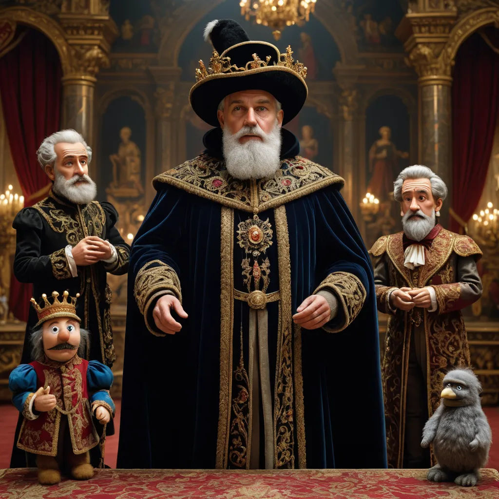 a group of people in costume standing next to each other in front of a stage with a bird on it, renaissance, a tilt shift photo, Charles Bird King, claymation