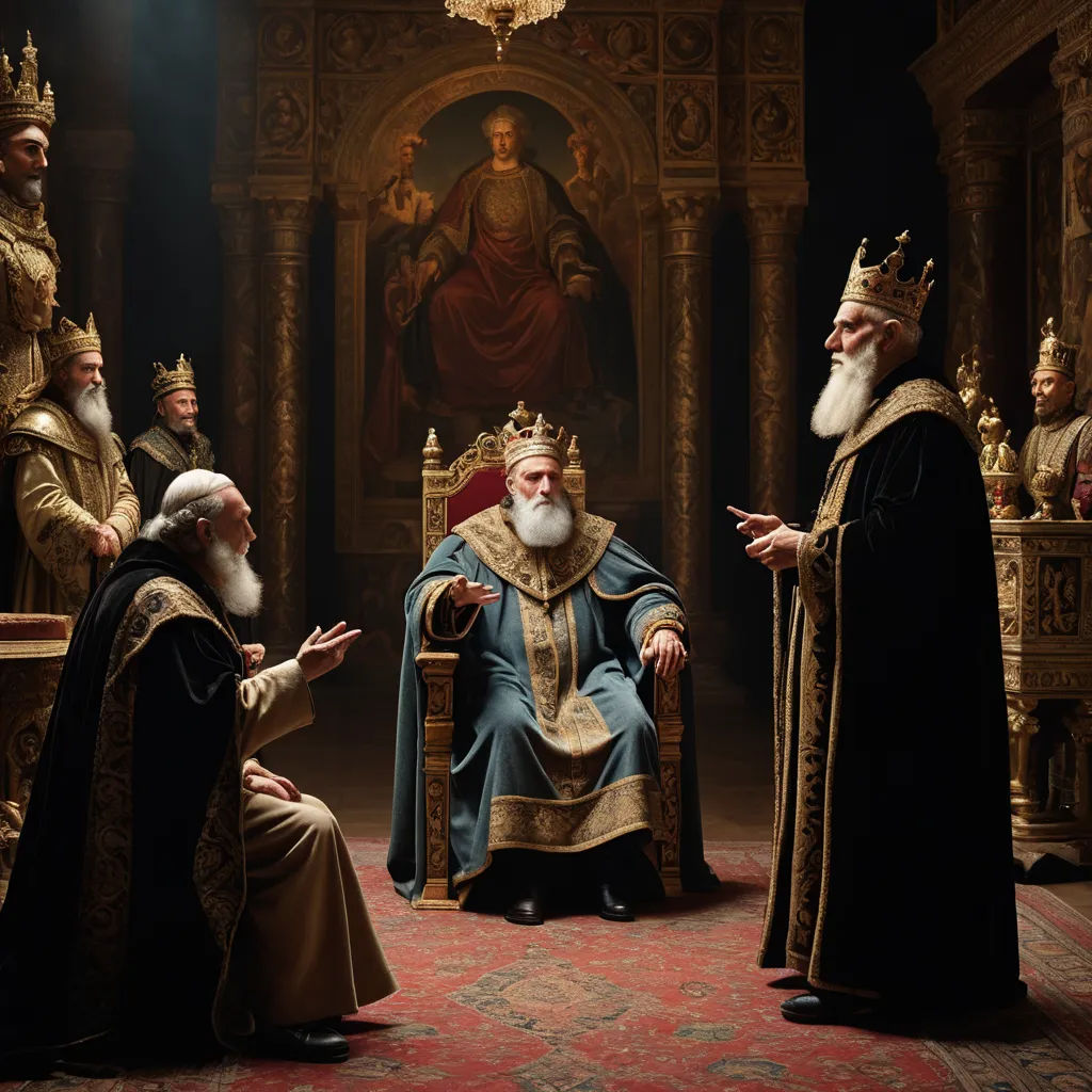 a man in a crown is sitting in a chair with other men in robes and robes around him,, letterism, a flemish Baroque, Artur Tarnowski, renaissance oil painting