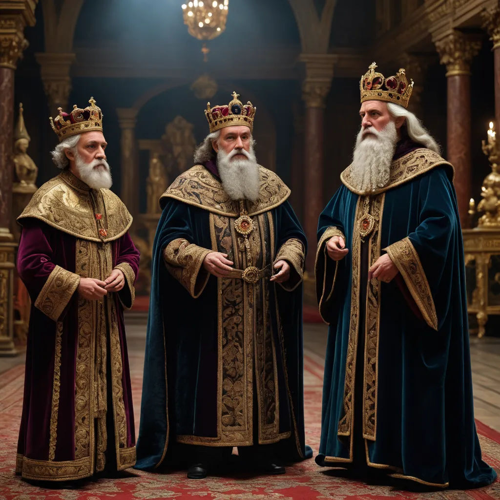 two men in robes and crowns standing in a room with a chandelier and chandelier hanging from the ceiling, letterism, a flemish Baroque, Artur Tarnowski, promotional image
