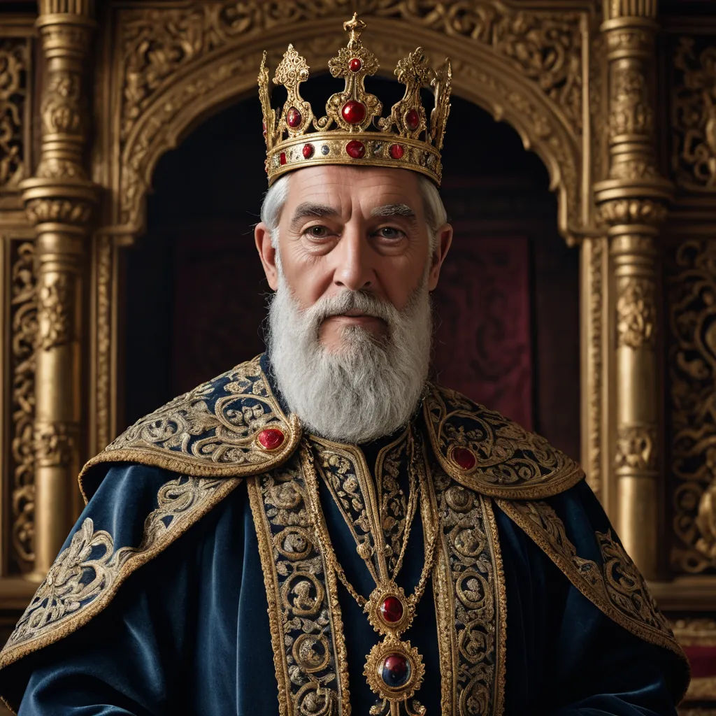 a man in a crown and a blue robe and a gold crown on his head and shoulders, with a red and gold crown on his head, excessivism, a character portrait, Artur Tarnowski, vfx