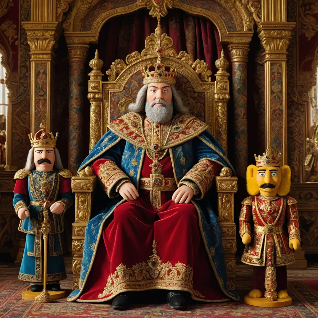 a statue of a king and a queen sitting on a throne with a yellow bear in front of them, qajar art, concept art, Altoon Sultan, promotional image