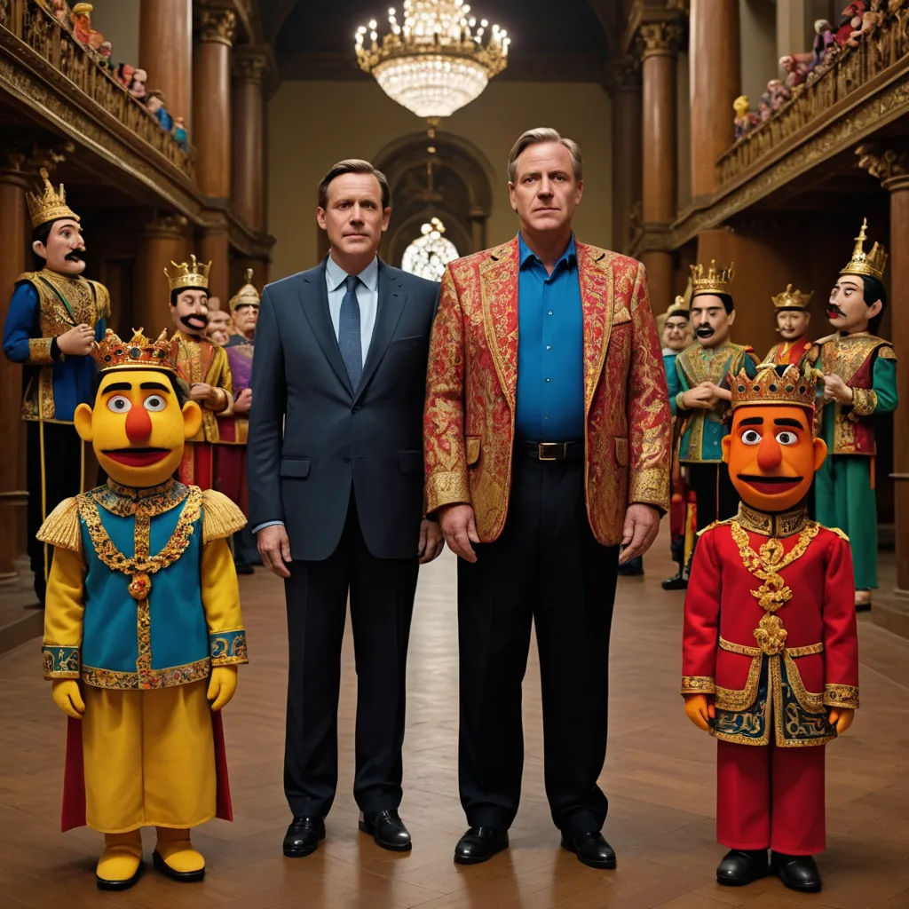 two men standing next to each other in front of a group of puppets of people in costumes and suits, naive art, a character portrait, Art Fitzpatrick, promotional image