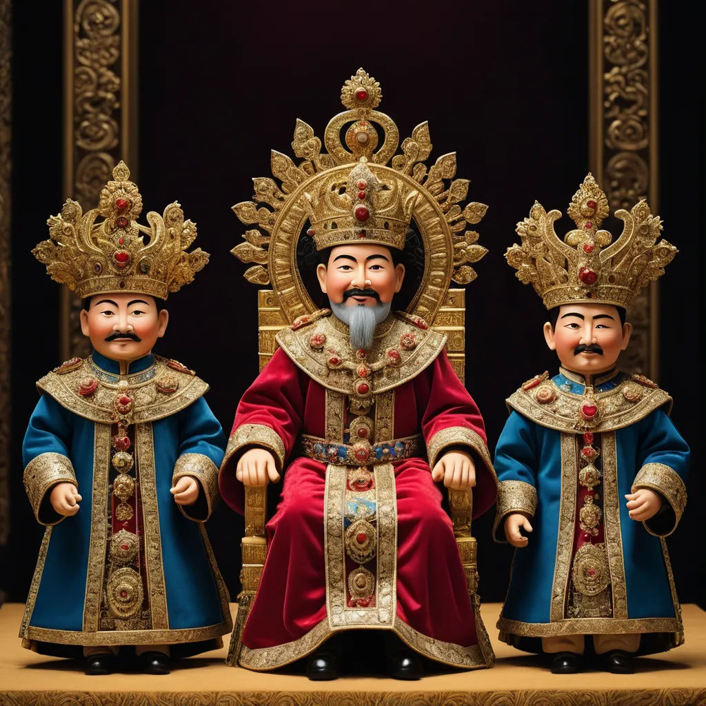 three statues of a king and two queens sitting on a throne with a beard and mustache on their heads, cloisonnism, a storybook illustration, Emperor Huizong of Song, figurine