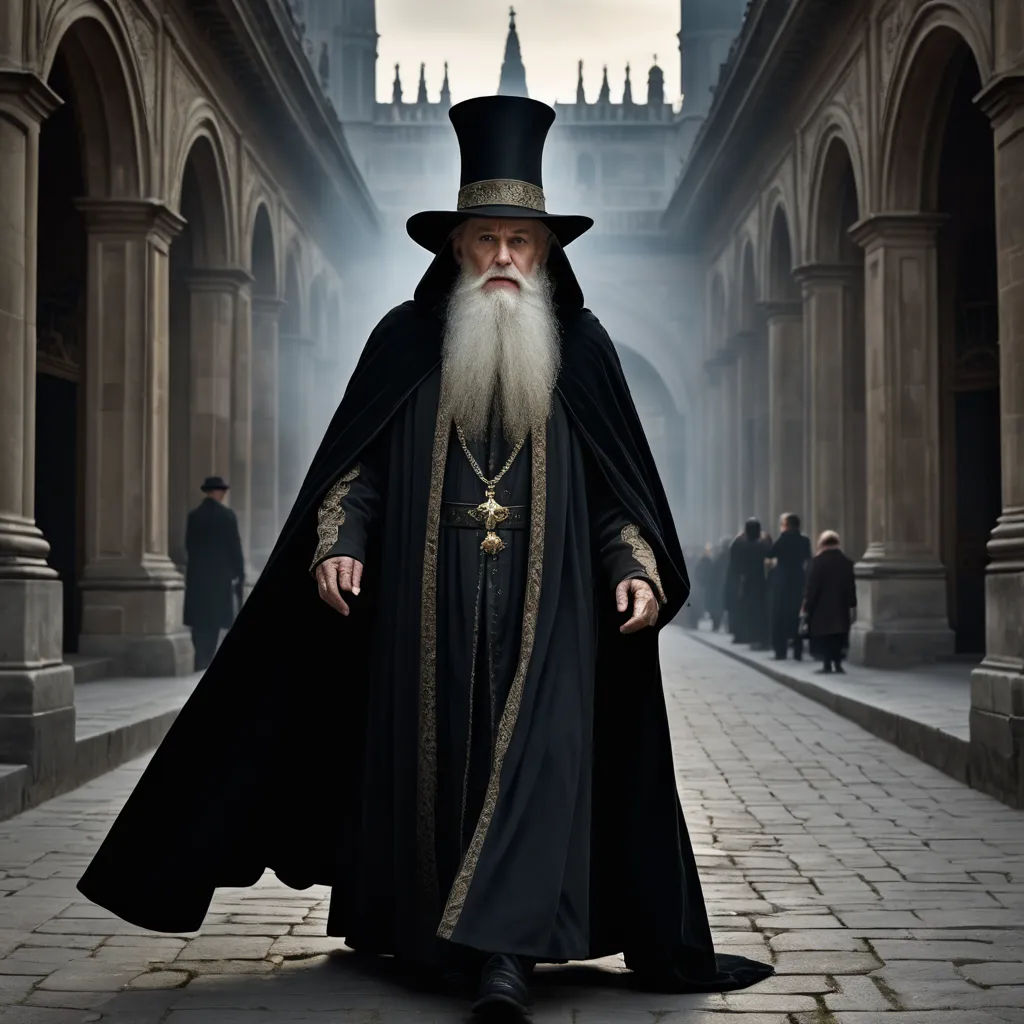 a man in a long black robe and a long white beard is standing in a courtyard with a large building in the background, gothic art, a character portrait, Artur Tarnowski, cinematic photography