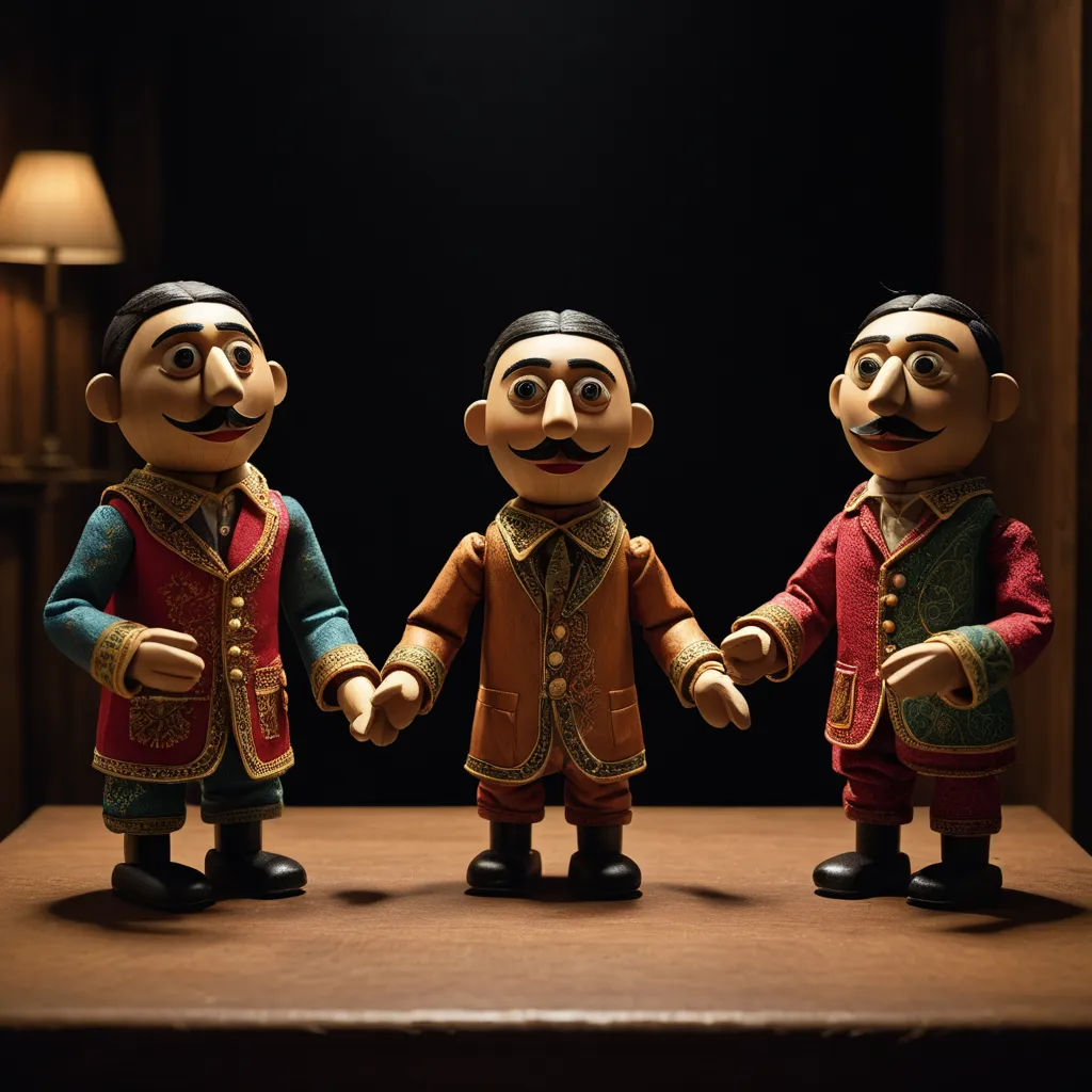 three toy figures of a man and a woman holding hands on a table with a lamp in the background, qajar art, a still life, David Teniers III, promotional image