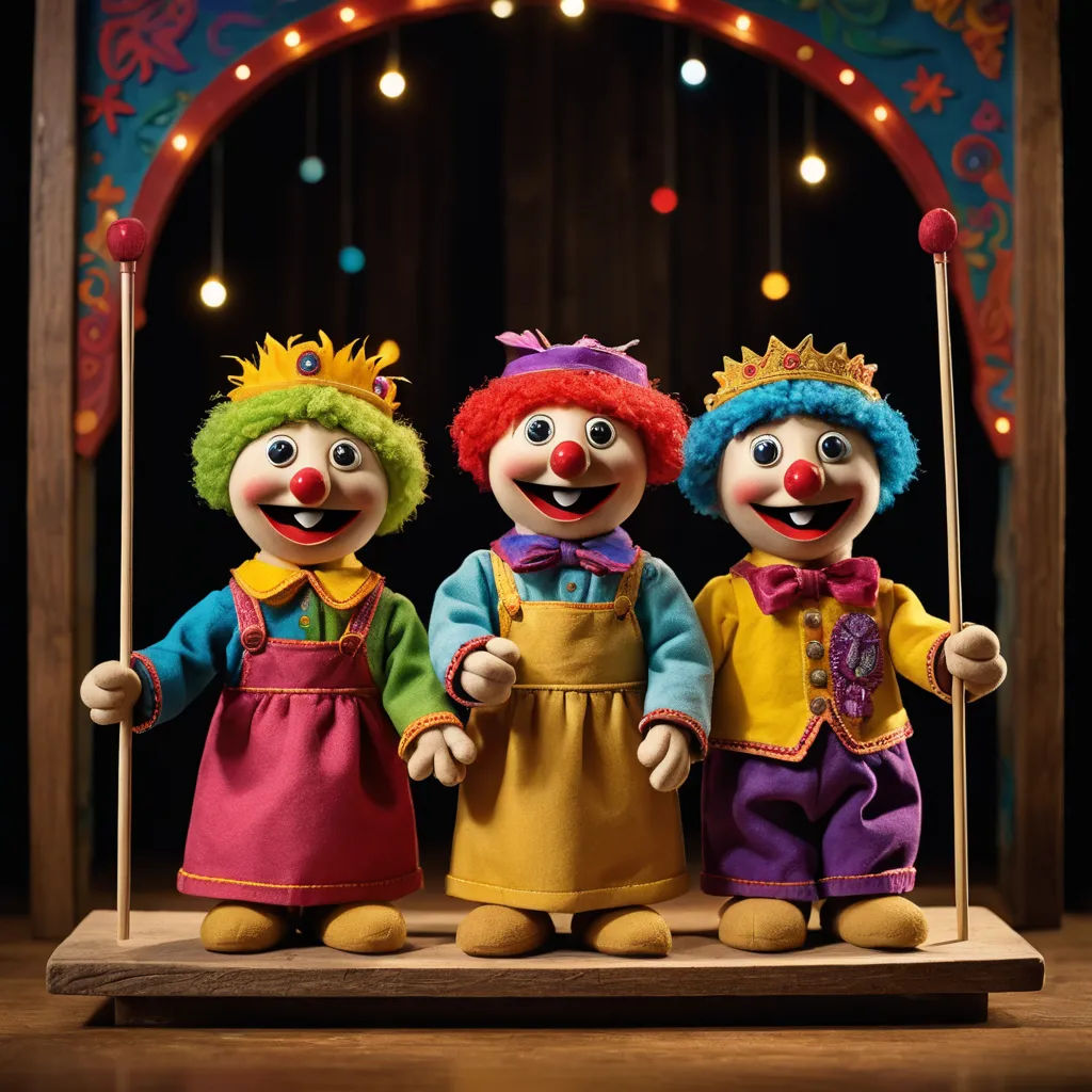 three clowns are posed on a stage with lights in the background and a stage curtain in the background, toyism, a stock photo, Betye Saar, promotional image