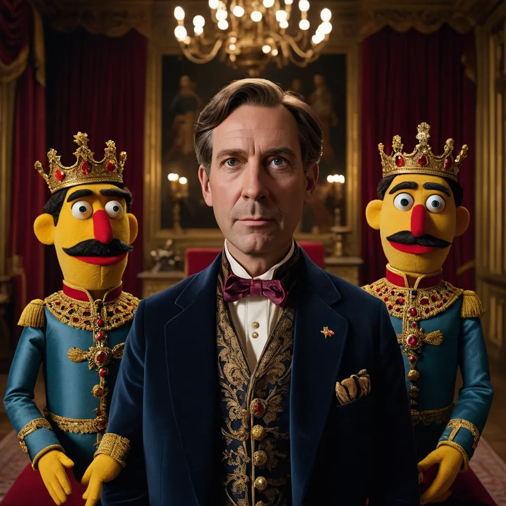 a man in a suit and three puppets of the same character in a room with red curtains and a chandelier, qajar art, a character portrait, David Annand, promotional image