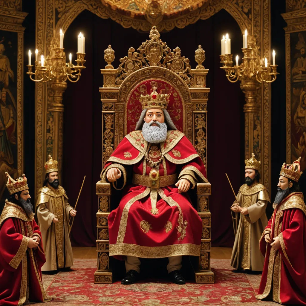 a statue of a king sitting on a throne surrounded by other statues of people in robes and crowns,, institutional critique, a flemish Baroque, David Teniers III, renaissance oil painting