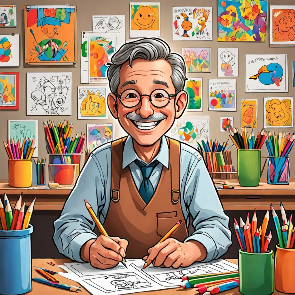 a man sitting at a desk with a lot of pencils and markers in front of him and a lot of pictures on the wall behind him, a storybook illustration, art station, naive art, Art Spiegelman