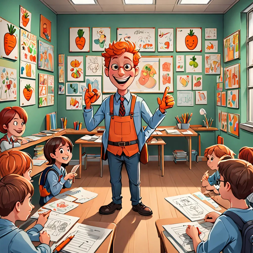 a man standing in front of a classroom full of kids with a thumbs up sign in front of him, a storybook illustration, highly detailed digital painting, naive art, artist
