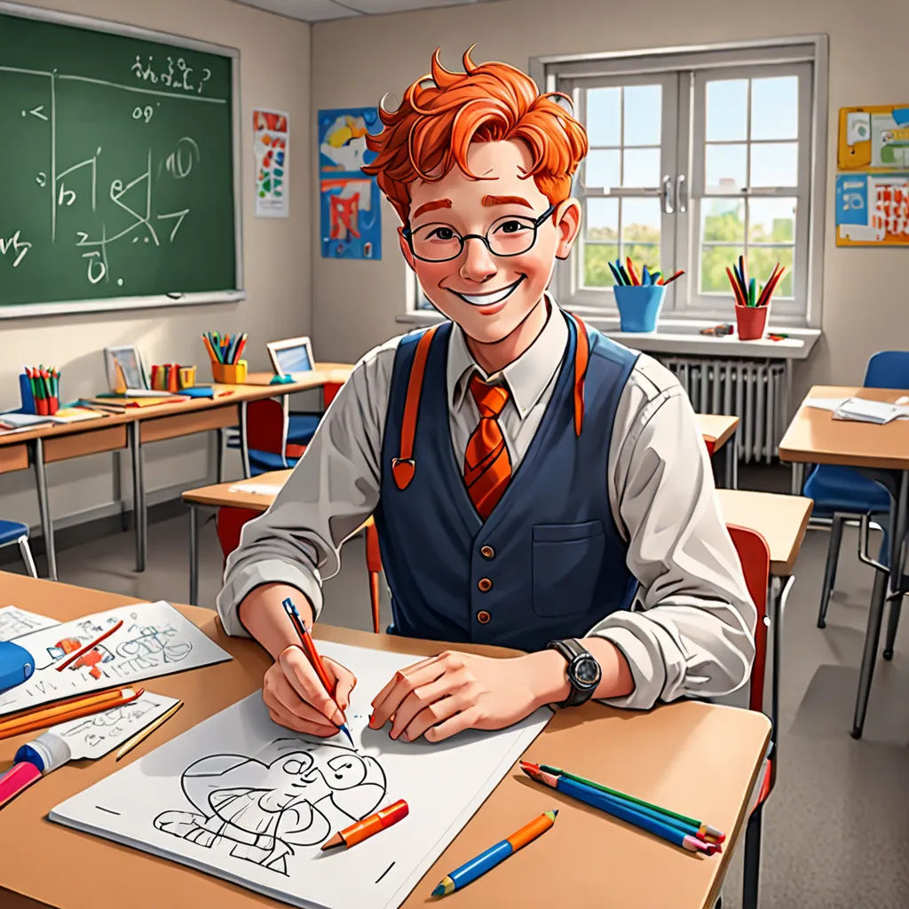 a cartoon boy is sitting at a desk with a pencil and paper in front of him and a blackboard in the background, a character portrait, official art, sots art, Cedric Seaut (Keos Masons)