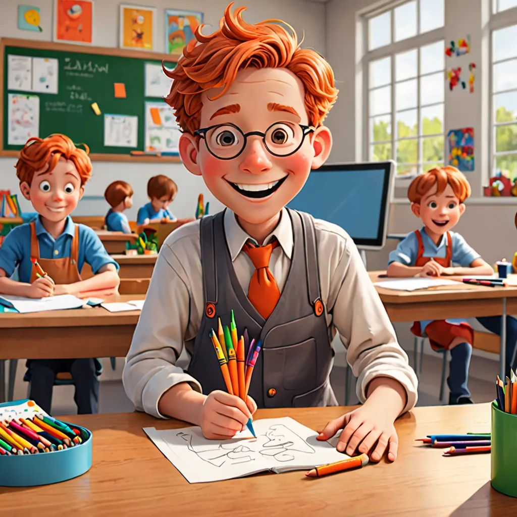 a cartoon boy with glasses and a pencil in his hand sitting at a desk with other children in the background, computer graphics, cgstudio, photorealism, Alejandro Burdisio