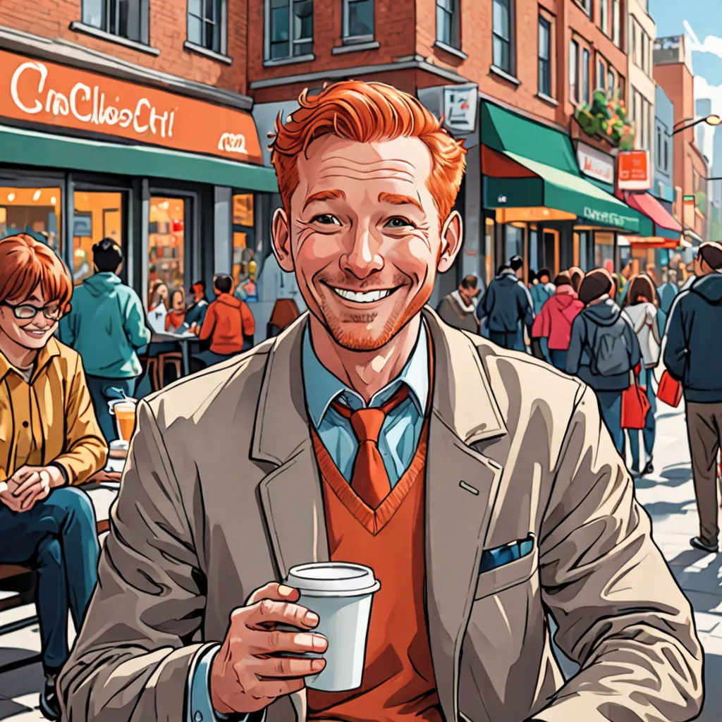 a man in a suit and tie holding a cup of coffee in front of a crowd of people on a city street, a comic book panel, comic cover art, american realism, Asaf Hanuka