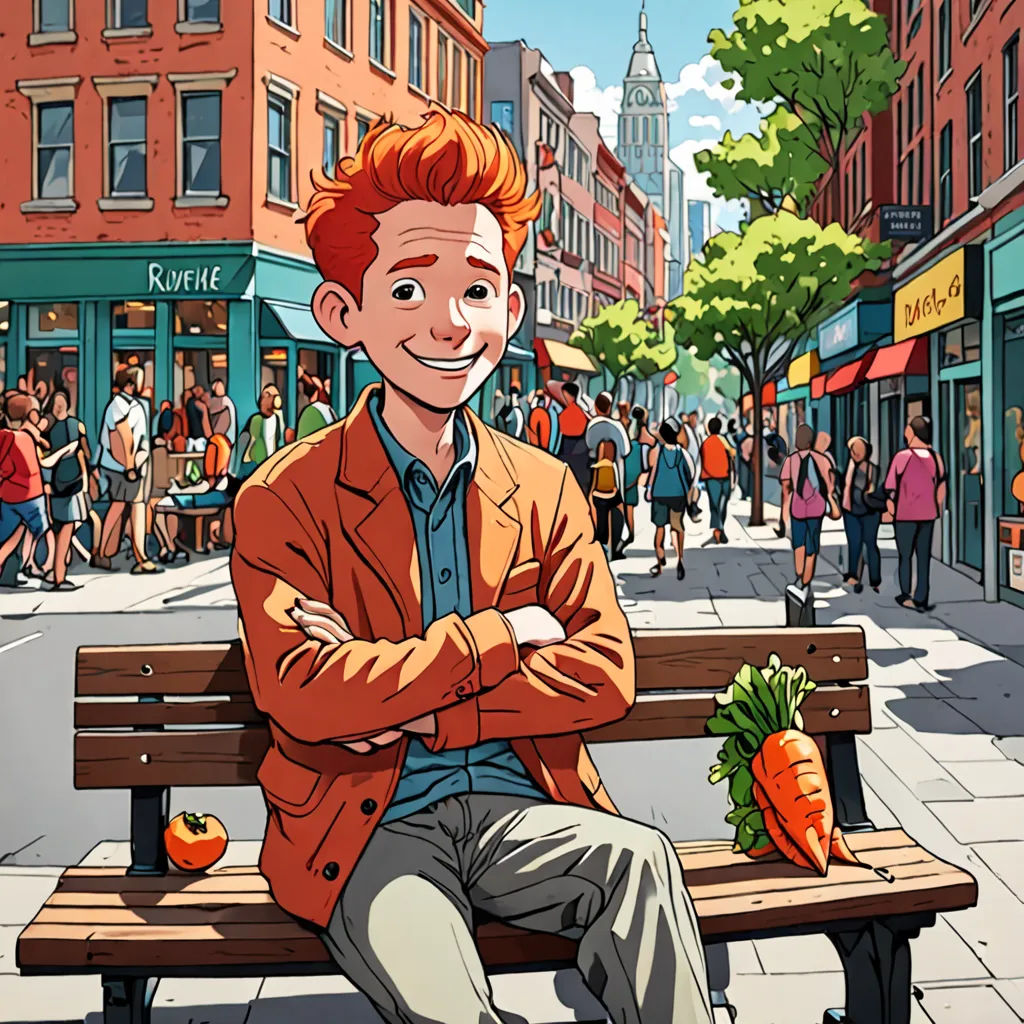 a man sitting on a bench in a city with a carrot on the ground next to him and people walking around, a character portrait, official art, lyco art, Ed Benedict