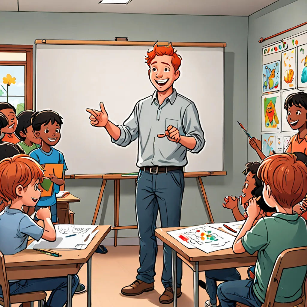 a man standing in front of a class of children in a classroom with a whiteboard in the background, a comic book panel, comic cover art, paris school, Asaf Hanuka