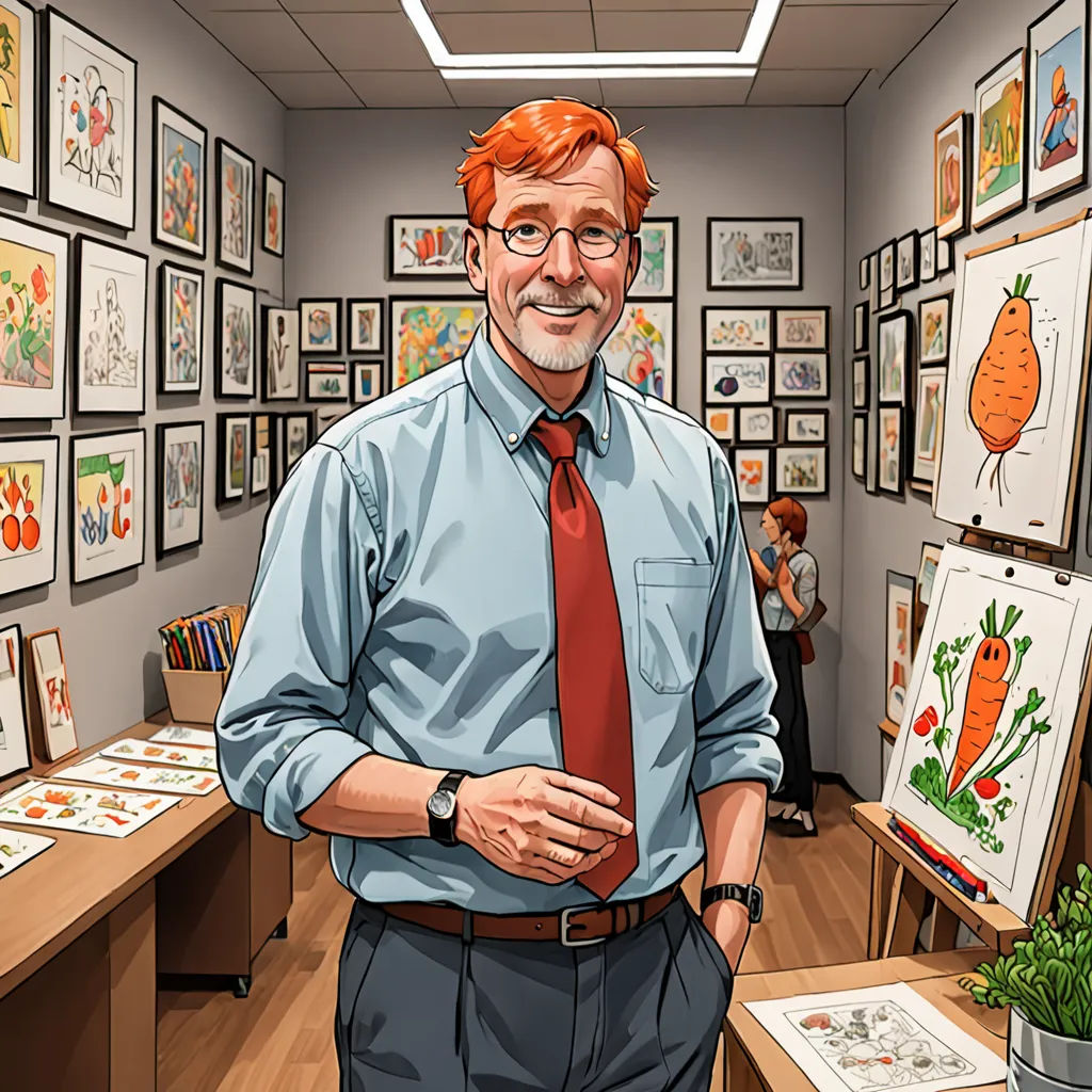 a man in a tie standing in a room with pictures on the wall and a potted plant in the corner, a character portrait, highly detailed digital painting, academic art, Art Fitzpatrick