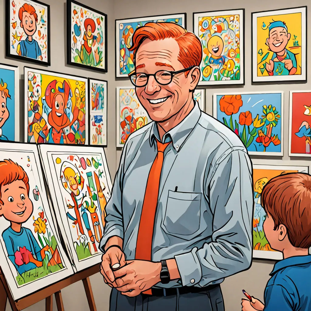 a man standing next to a little boy in front of a painting of children's faces on a wall, a comic book panel, promotional image, academic art, Charles Schulz