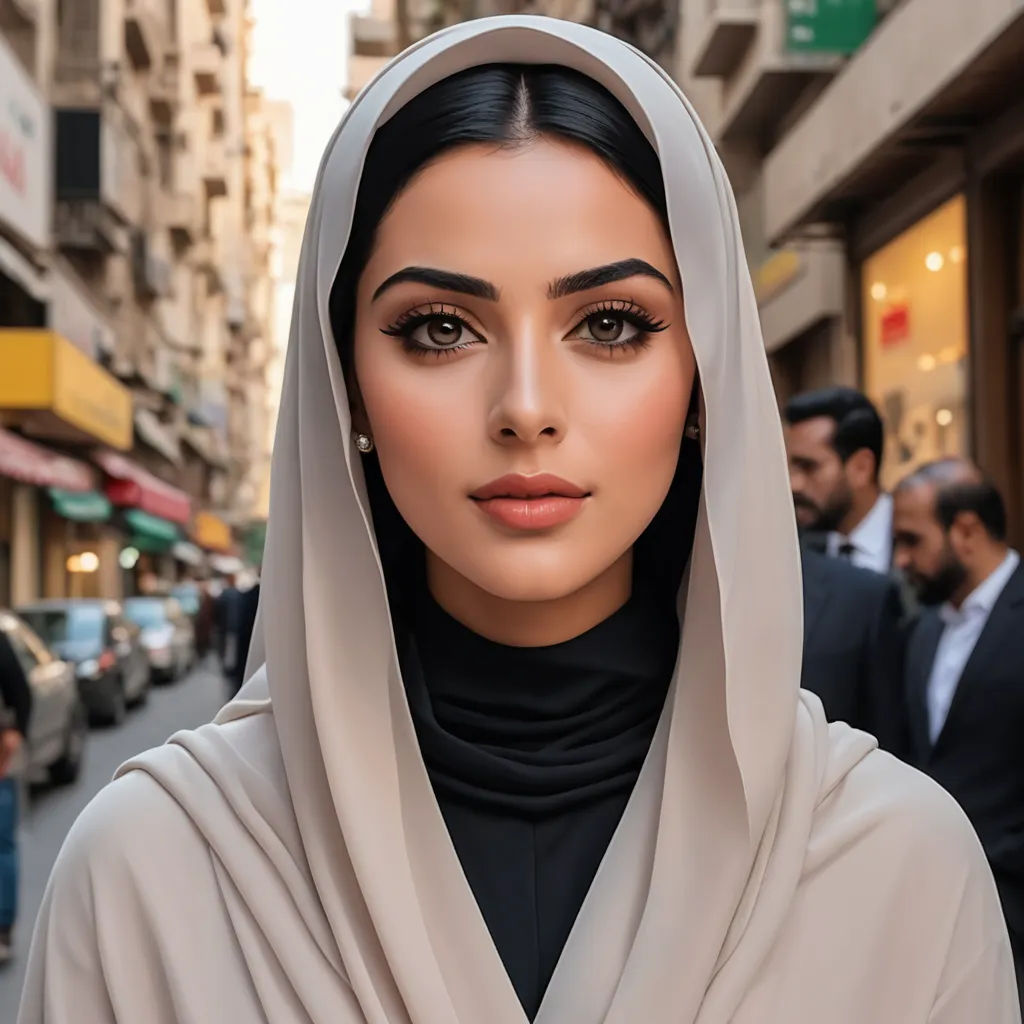 a woman in a hijab is standing on a street corner with other people in the background and a man in a suit and tie, hurufiyya, a photocopy, Bouchta El Hayani, perfect facial symmetry