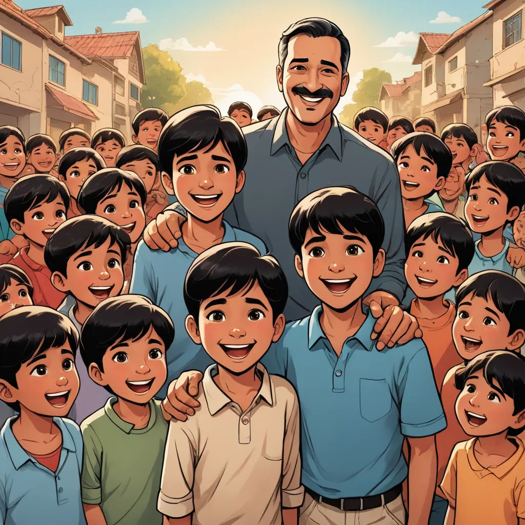 a man standing in front of a group of children in front of a building with a sky background and a man smiling, samikshavad, a storybook illustration, Bhupen Khakhar, promotional image