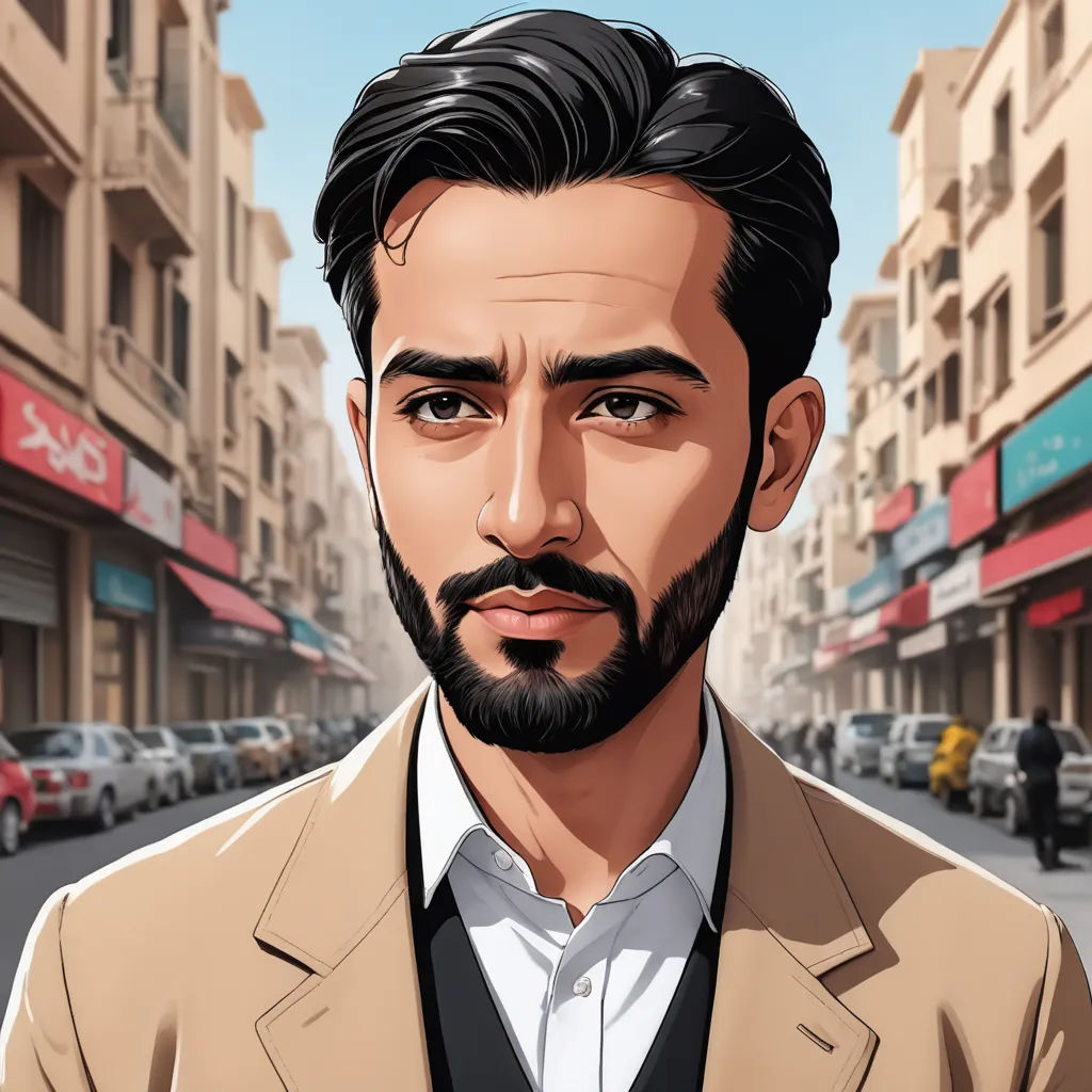 a man with a beard and a suit on a street corner in a city with cars and buildings in the background, serial art, a character portrait, Amir Zand, character portrait