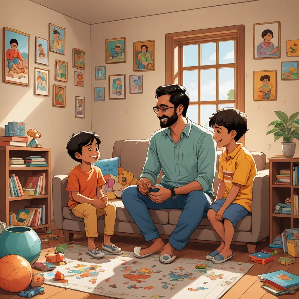 a man sitting on a couch with two children and a teddy bear in a living room with a bookcase, serial art, a storybook illustration, Chris LaBrooy, game art