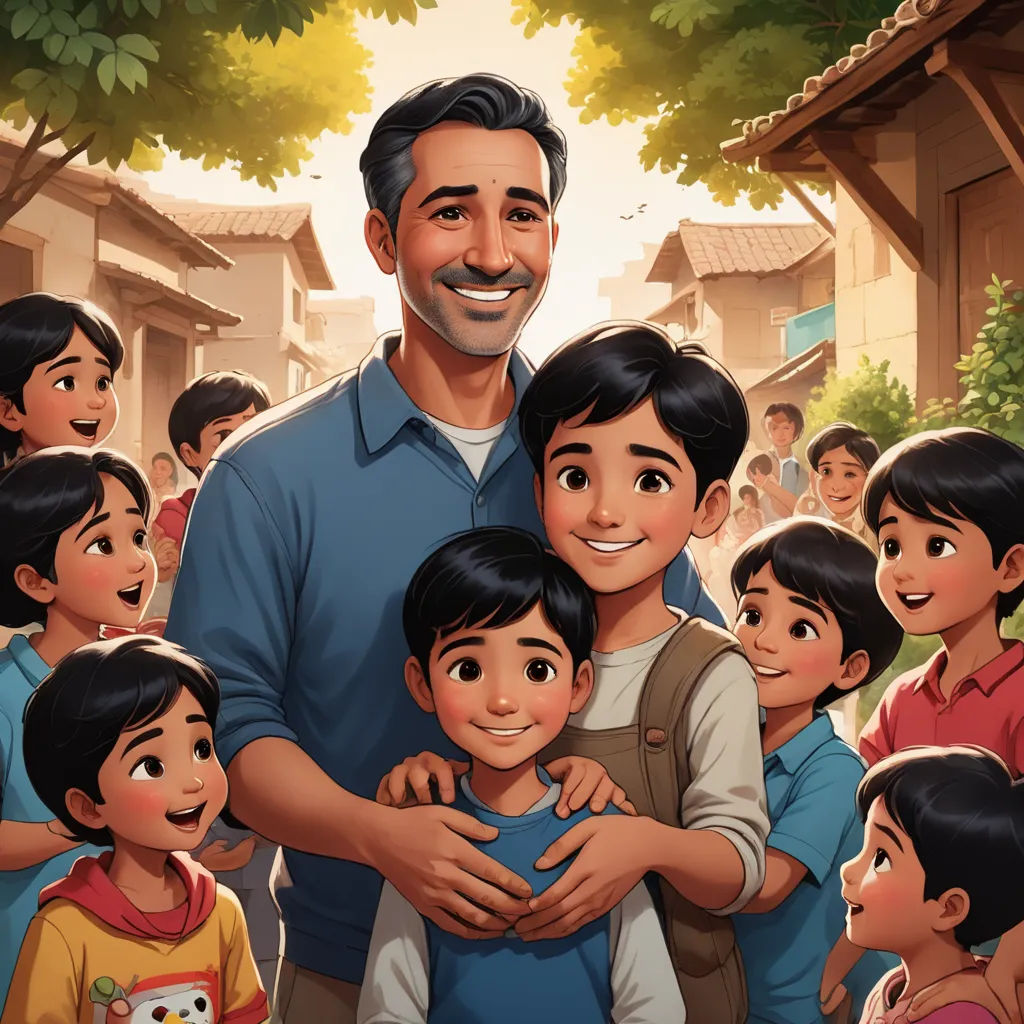 a man is holding a child in front of a group of children in a village with a man in the middle, socialist realism, a storybook illustration, Adam Manyoki, official art