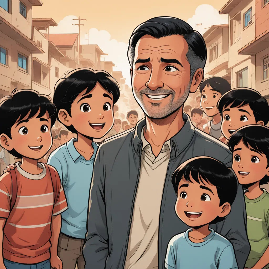 a man standing in front of a group of children in a city street with buildings in the background and a cartoon of him smiling, serial art, a storybook illustration, Adam Manyoki, graphic novel