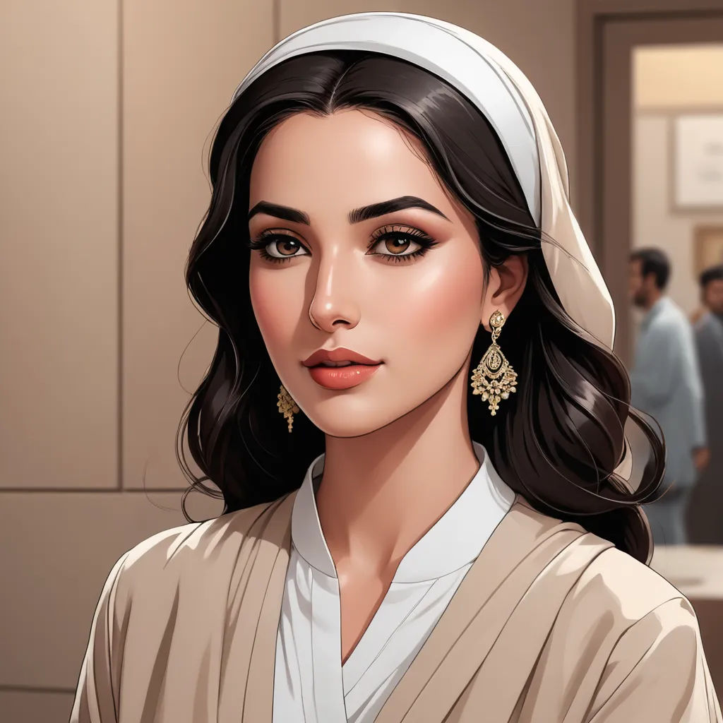 a woman with a white head scarf and earrings on her head and a man in the background with a white shirt and a white shirt, sots art, a character portrait, Elina Karimova, very detailed face