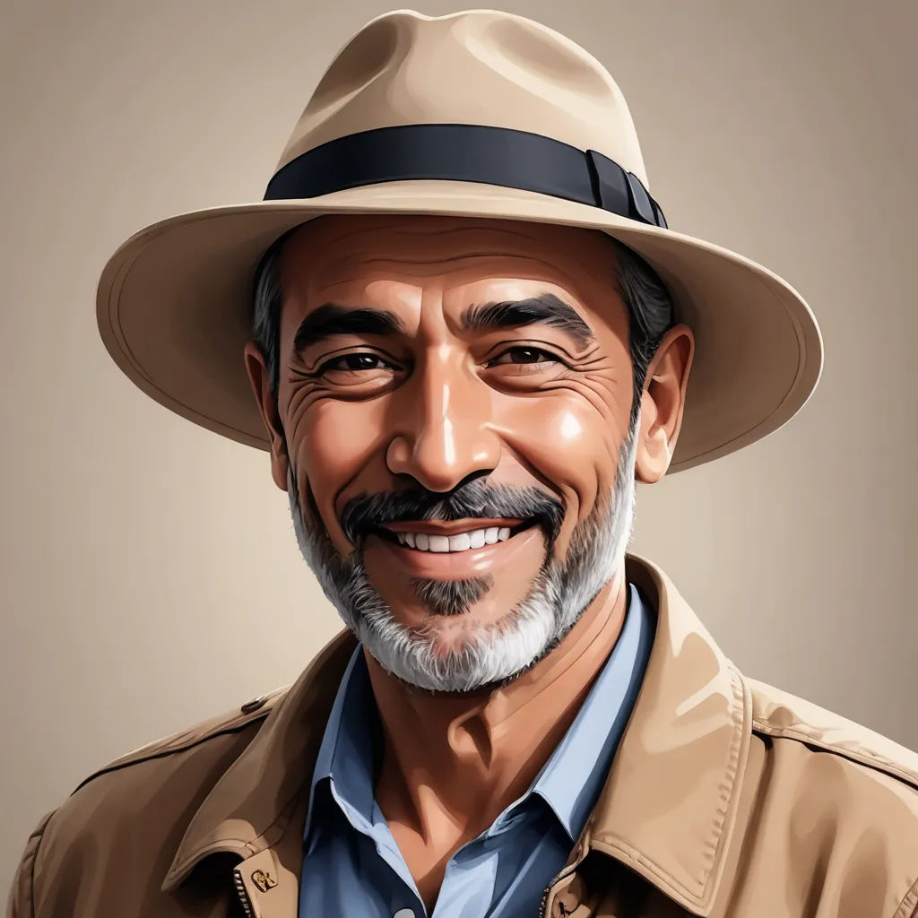 a man with a hat and a smile on his face, in a brown jacket and blue shirt, and a tan hat, photorealism, a character portrait, Ahmed Karahisari, professional digital painting