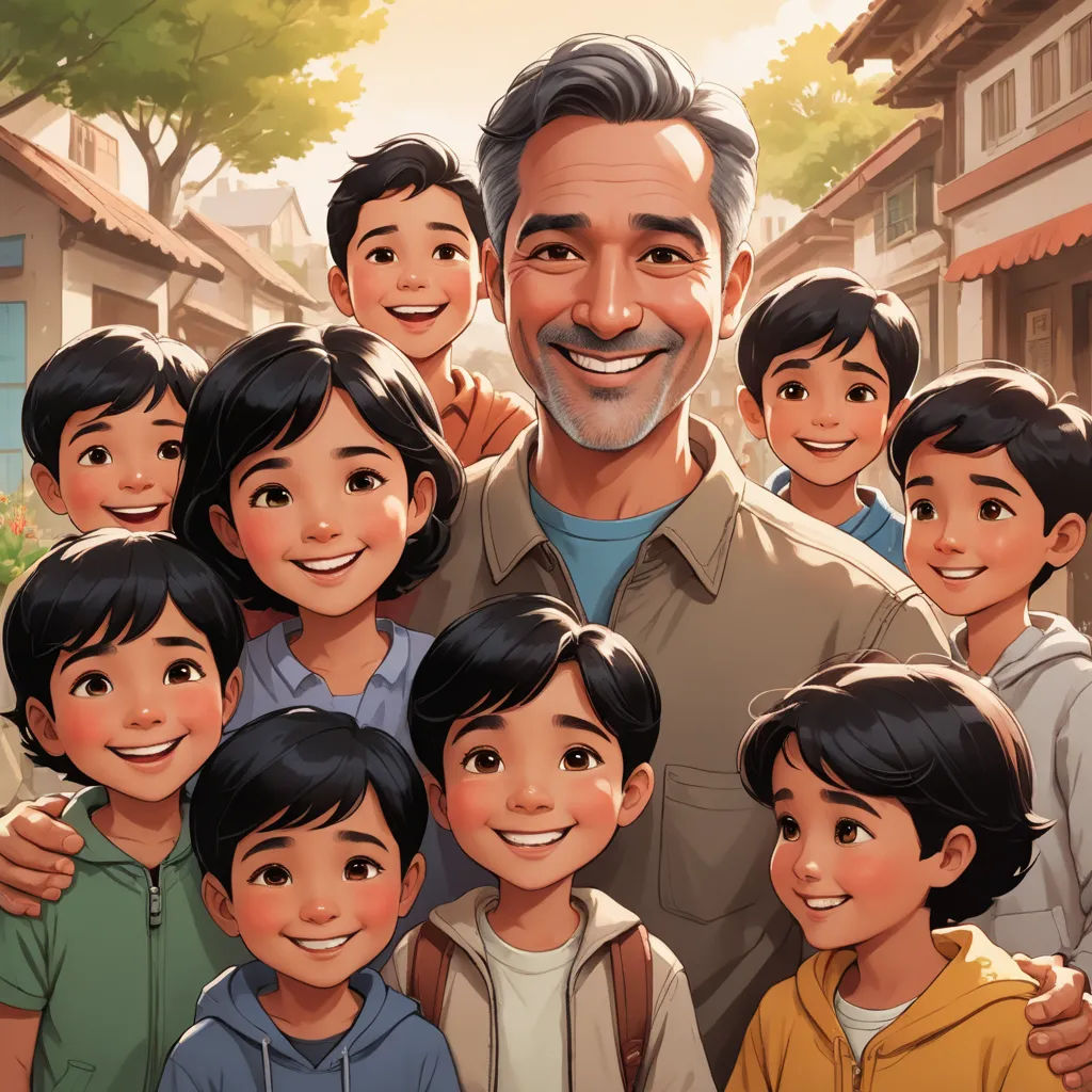 a man standing in front of a group of children in a village with a building in the background and a tree in the foreground, lyco art, a storybook illustration, Fernando Amorsolo, rossdraws global illumination