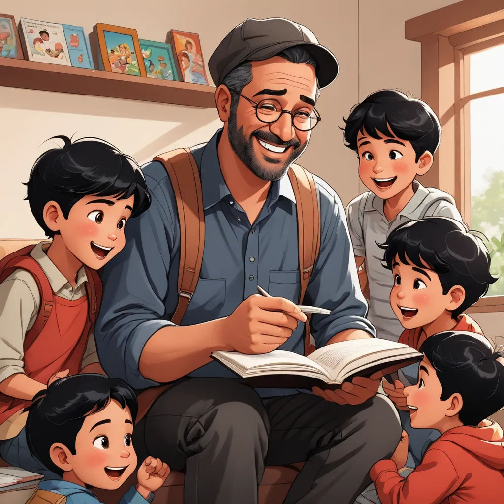 a man reading a book to children in a room with a window and a window sill on the wall, academic art, a storybook illustration, Asaf Hanuka, storybook illustration