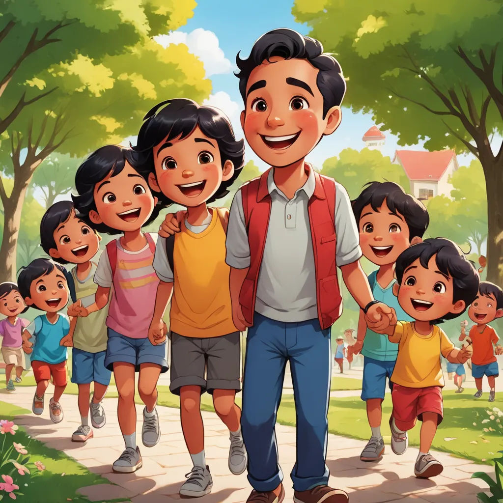 a man standing in front of a group of children on a path in a park with trees and flowers, samikshavad, a storybook illustration, Altoon Sultan, official art