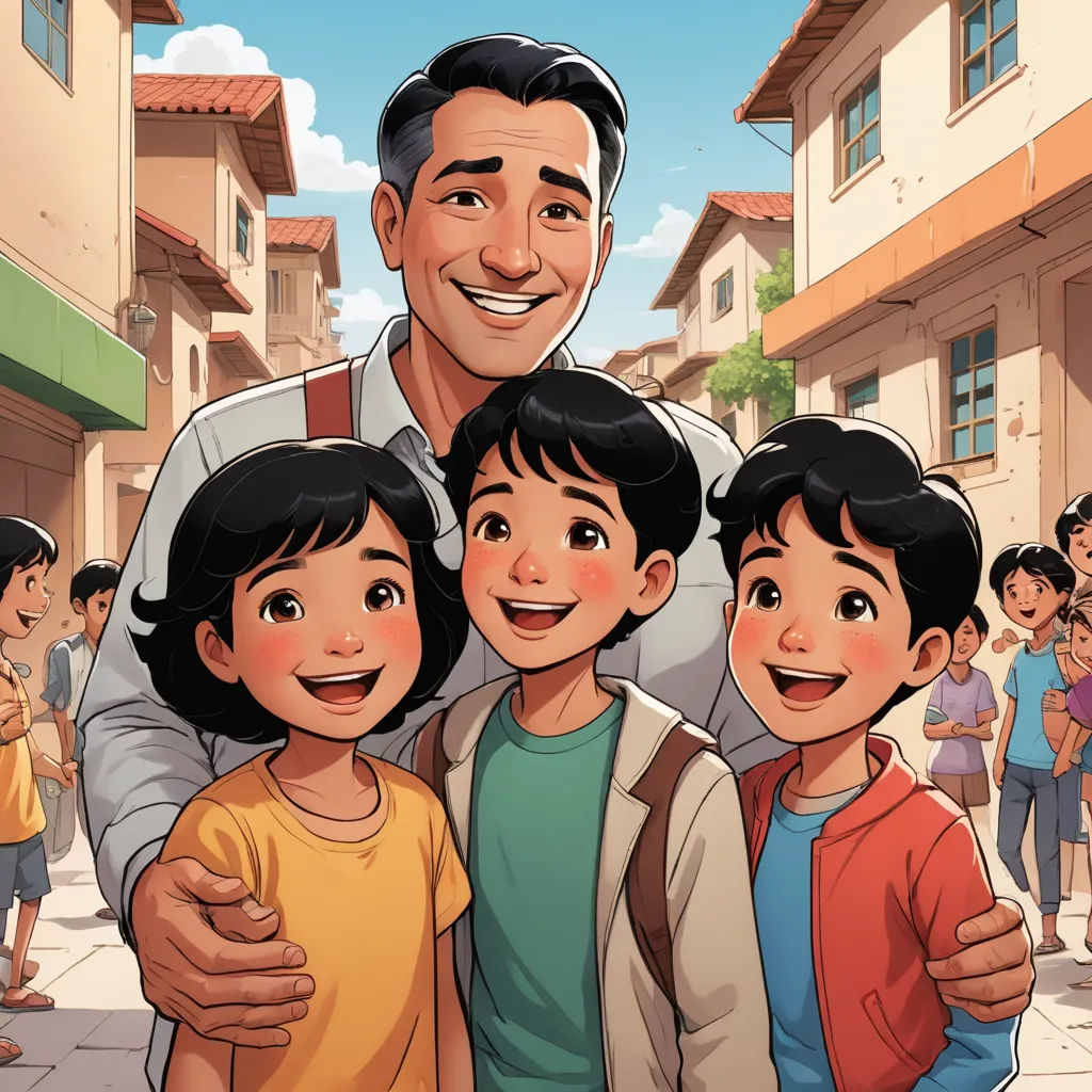 a man and two children standing in front of a crowd of people on a street with buildings in the background, socialist realism, a storybook illustration, Fernando Amorsolo, official art