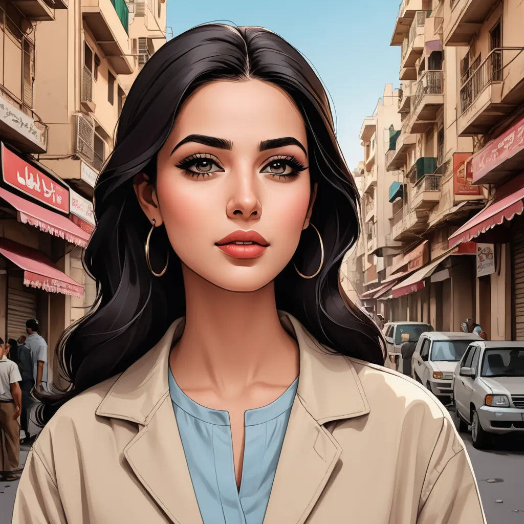a woman with a tan jacket and blue shirt on a city street with cars and buildings in the background, serial art, a comic book panel, Ambreen Butt, city background
