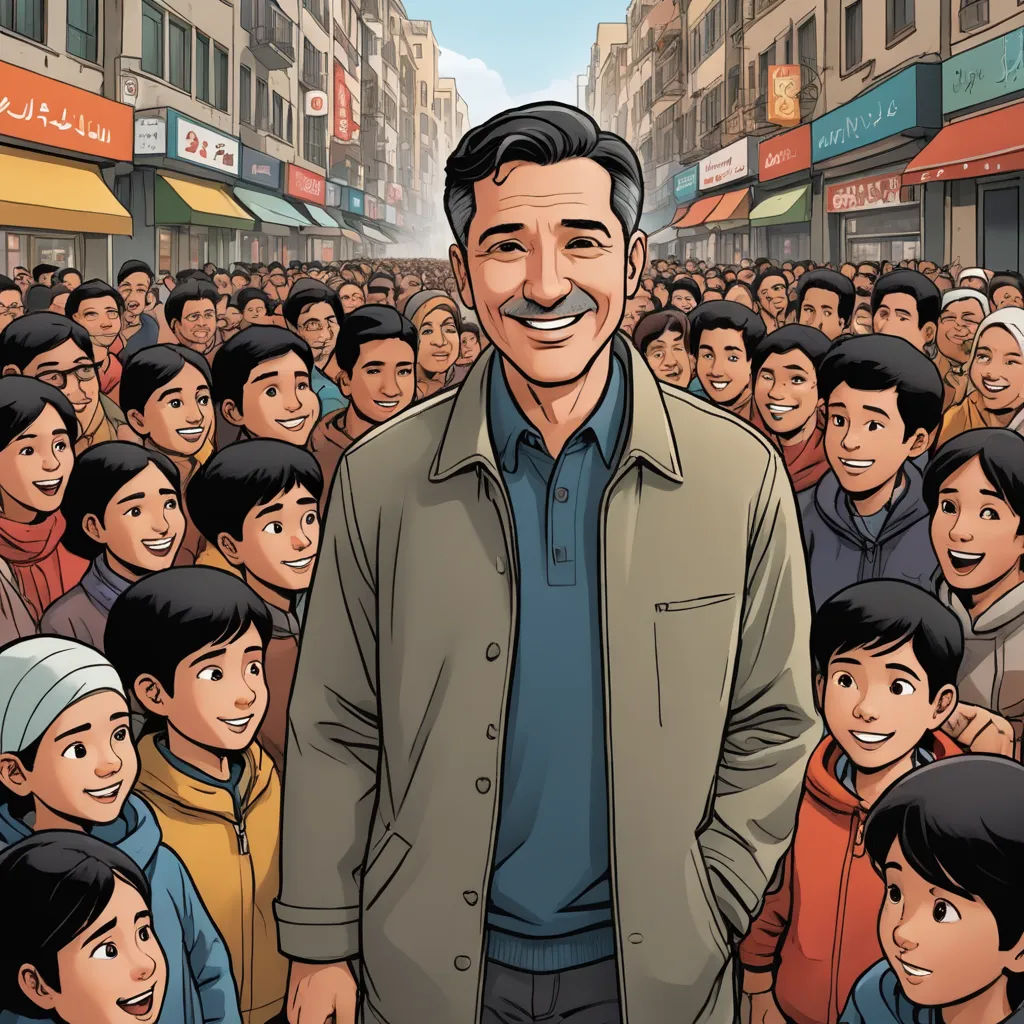 a man standing in front of a crowd of people in a city street with a large smile on his face, private press, a comic book panel, Amir Zand, graphic novel