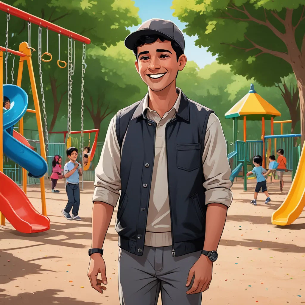 a man standing in front of a playground with a playground set and swings in the background and children playing, american scene painting, a character portrait, Chris LaBrooy, promotional image