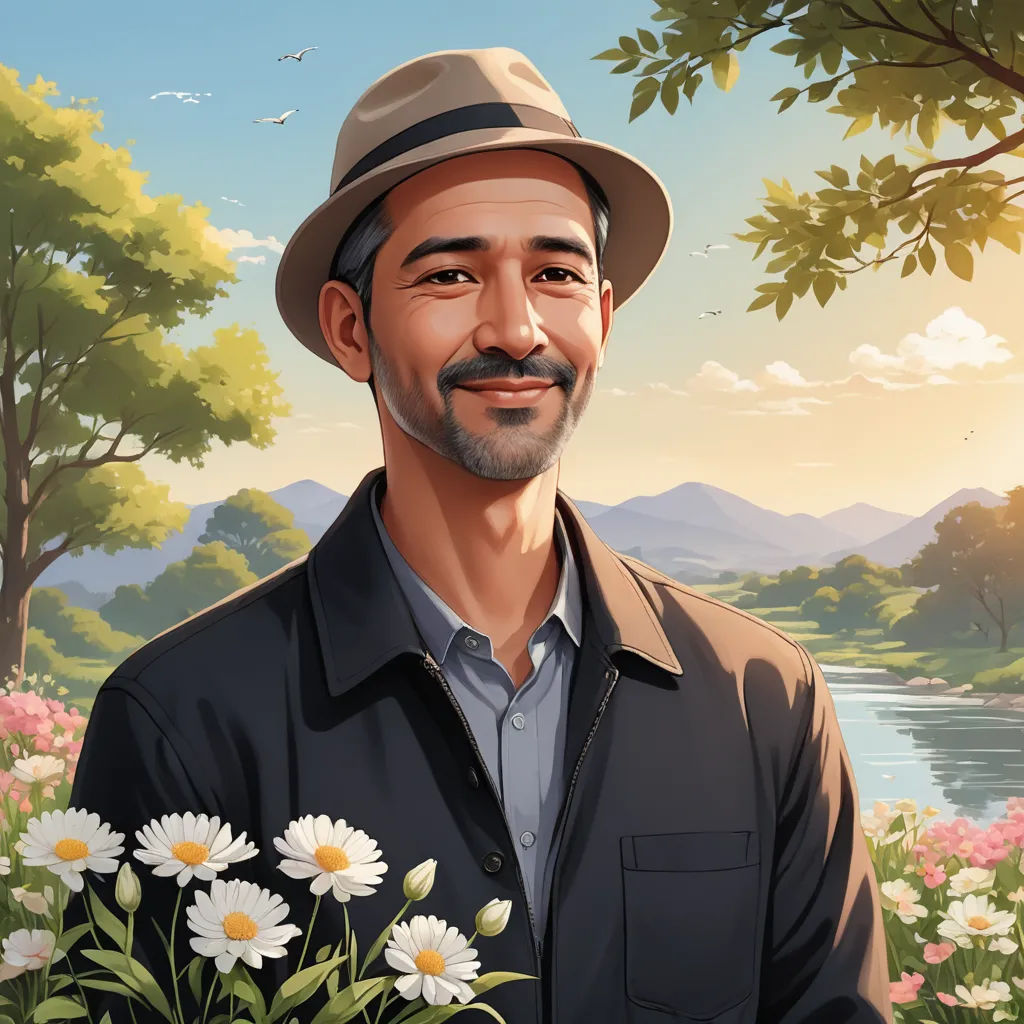 a man with a hat and a beard holding a bouquet of daisies in front of a river and mountains, serial art, a character portrait, Chris LaBrooy, character portrait