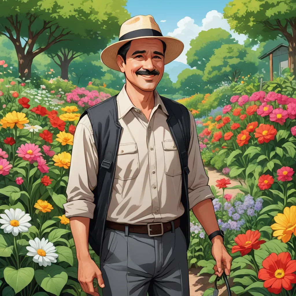 a man with a mustache and a hat is standing in a field of flowers with a cane in his hand, environmental art, a character portrait, Americo Makk, official art